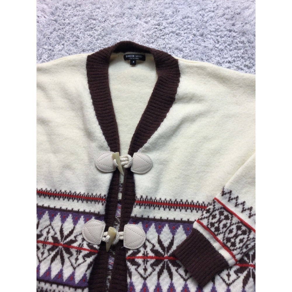 SHEIN Mod Women's Contrast Trim Ivory-Style Buttons Front Cardigan Multi Medium - Picture 2 of 7